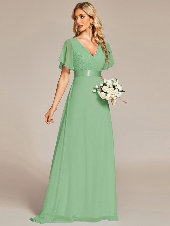 Long Empire Waist Bridesmaid Dress with Short Flutter Sleeves - Sage green