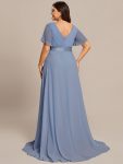 Long Empire Waist Bridesmaid Dress with Short Flutter Sleeves – Slate Blue