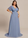 Long Empire Waist Bridesmaid Dress with Short Flutter Sleeves – Slate Blue