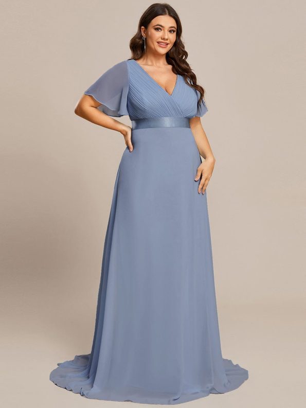 Long Empire Waist Bridesmaid Dress with Short Flutter Sleeves - Slate Blue