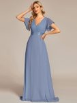 Long Empire Waist Bridesmaid Dress with Short Flutter Sleeves – Slate Blue