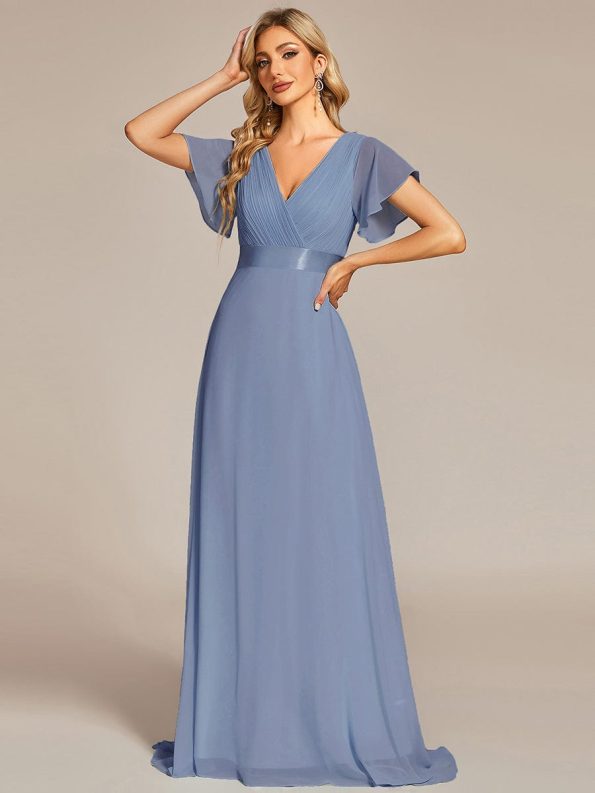 Long Empire Waist Bridesmaid Dress with Short Flutter Sleeves - Slate Blue