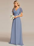 Long Empire Waist Bridesmaid Dress with Short Flutter Sleeves – Slate Blue