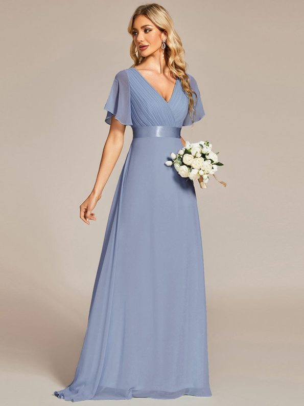 Long Empire Waist Bridesmaid Dress with Short Flutter Sleeves - Slate Blue