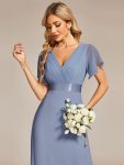 Long Empire Waist Bridesmaid Dress with Short Flutter Sleeves – Slate Blue