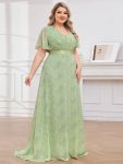 Long Empire Waist Bridesmaid Dress with Short Flutter Sleeves – Light Green Roses