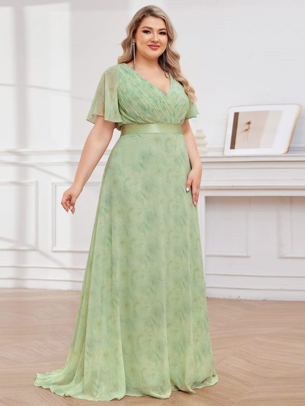 Long Empire Waist Bridesmaid Dress with Short Flutter Sleeves - Light Green Roses