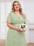 Long Empire Waist Bridesmaid Dress with Short Flutter Sleeves – Light Green Roses