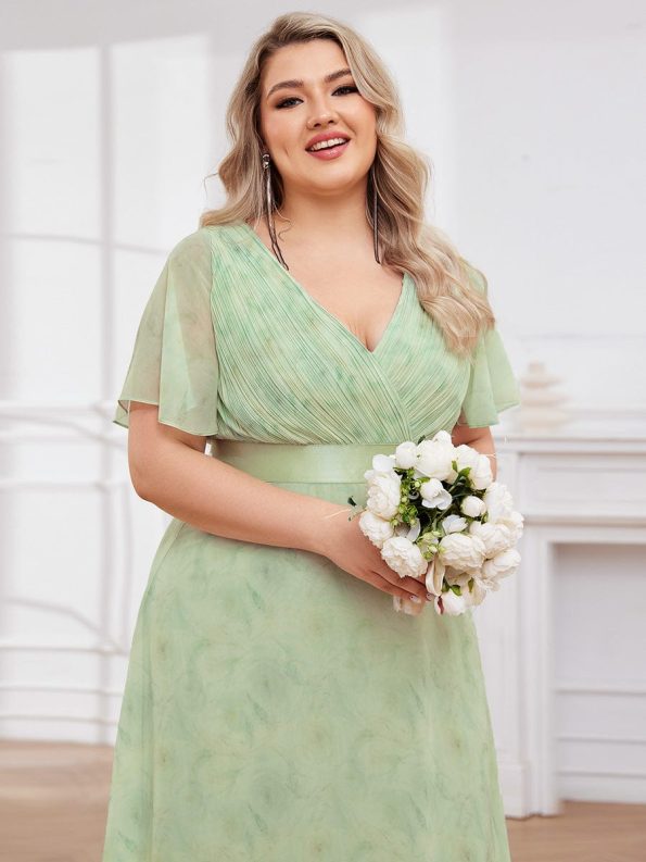 Long Empire Waist Bridesmaid Dress with Short Flutter Sleeves - Light Green Roses