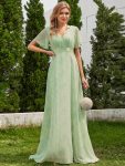 Long Empire Waist Bridesmaid Dress with Short Flutter Sleeves – Light Green Roses