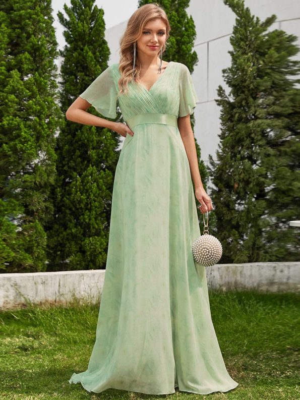 Long Empire Waist Bridesmaid Dress with Short Flutter Sleeves - Light Green Roses