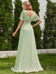 Long Empire Waist Bridesmaid Dress with Short Flutter Sleeves – Light Green Roses