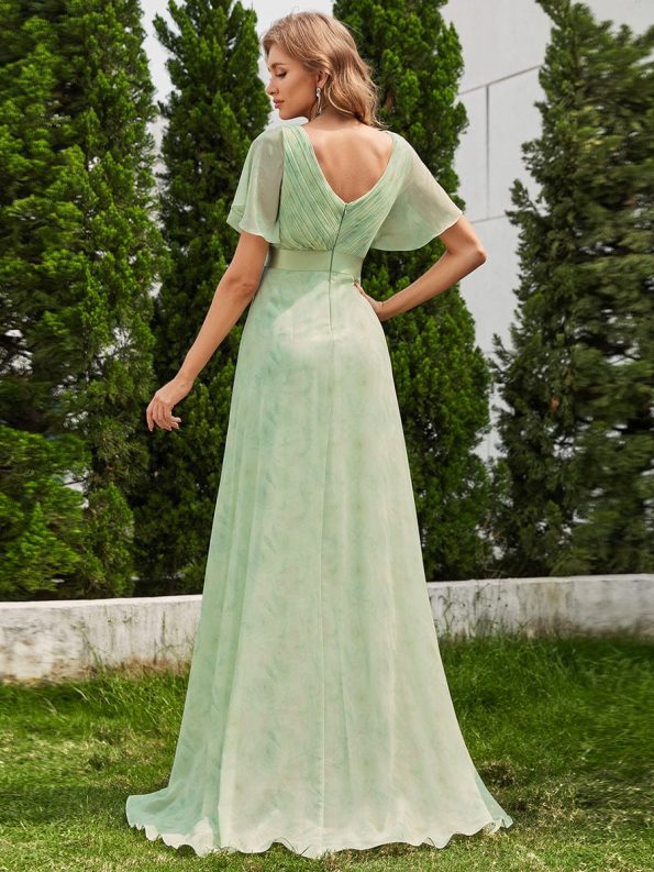 Long Empire Waist Bridesmaid Dress with Short Flutter Sleeves - Light Green Roses