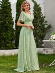 Long Empire Waist Bridesmaid Dress with Short Flutter Sleeves – Light Green Roses