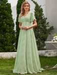 Long Empire Waist Bridesmaid Dress with Short Flutter Sleeves - Light Green Roses