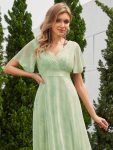 Long Empire Waist Bridesmaid Dress with Short Flutter Sleeves – Light Green Roses