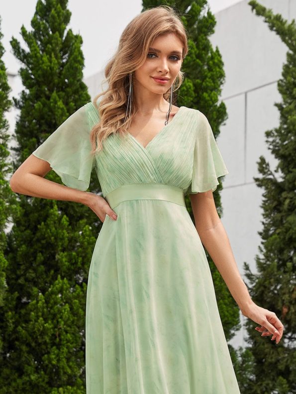 Long Empire Waist Bridesmaid Dress with Short Flutter Sleeves - Light Green Roses