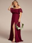 Plus Size Off the Shoulder Formal Bridesmaid Dress with Thigh Split – Burgundy