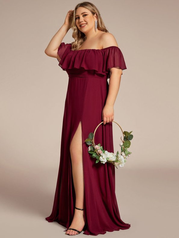 Plus Size Off the Shoulder Formal Bridesmaid Dress with Thigh Split - Burgundy