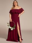 Plus Size Off the Shoulder Formal Bridesmaid Dress with Thigh Split – Burgundy