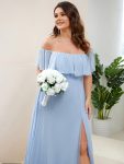 Plus Size Off the Shoulder Formal Bridesmaid Dress with Thigh Split – Sky Blue