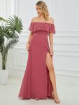 Women’s Off Shoulder Ruffle Thigh Slit Bridesmaid Dresses – Cameo Brown