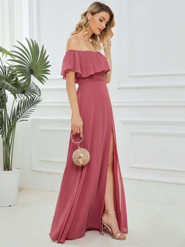 Women's Off Shoulder Ruffle Thigh Slit Bridesmaid Dresses - Cameo Brown