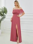 Women’s Off Shoulder Ruffle Thigh Slit Bridesmaid Dresses – Cameo Brown