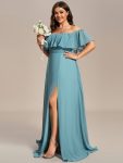 Plus Size Off the Shoulder Formal Bridesmaid Dress with Thigh Split – Dusty Blue