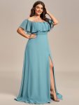 Plus Size Off the Shoulder Formal Bridesmaid Dress with Thigh Split – Dusty Blue