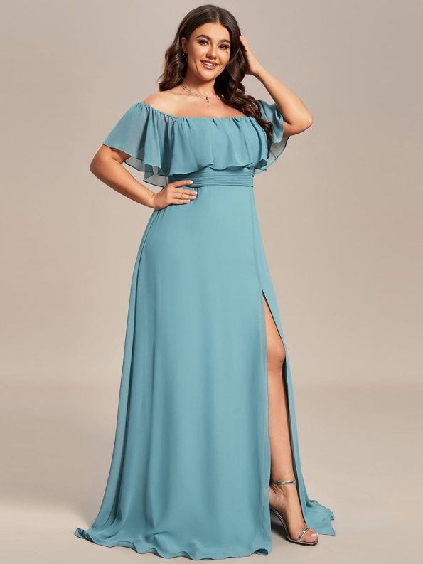 Plus Size Off the Shoulder Formal Bridesmaid Dress with Thigh Split - Dusty Blue