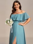 Plus Size Off the Shoulder Formal Bridesmaid Dress with Thigh Split – Dusty Blue