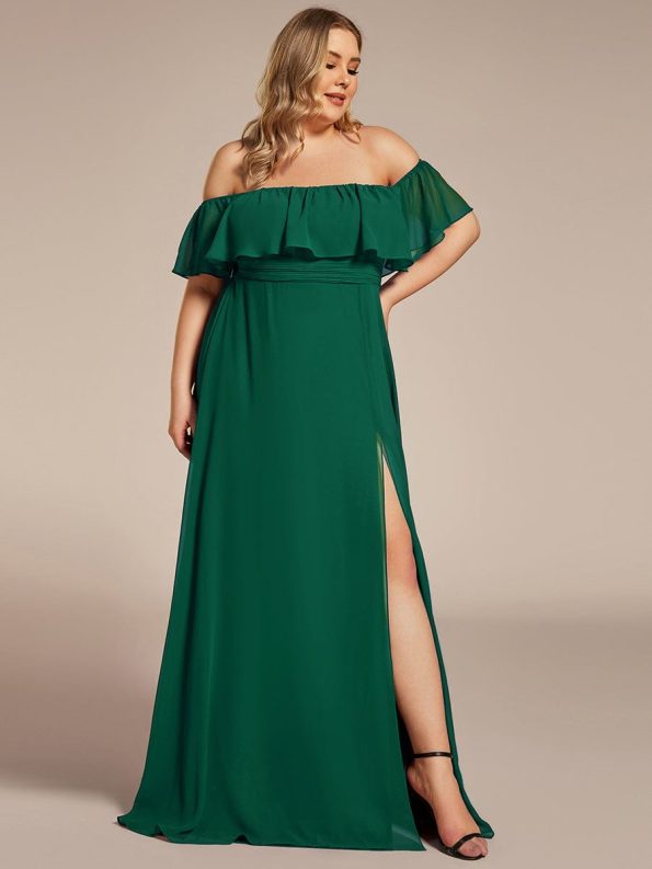 Plus Size Off the Shoulder Formal Bridesmaid Dress with Thigh Split - Dark Green