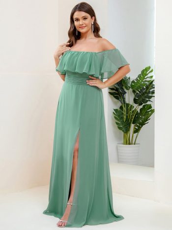 Plus Size Off the Shoulder Formal Bridesmaid Dress with Thigh Split - Green Bean