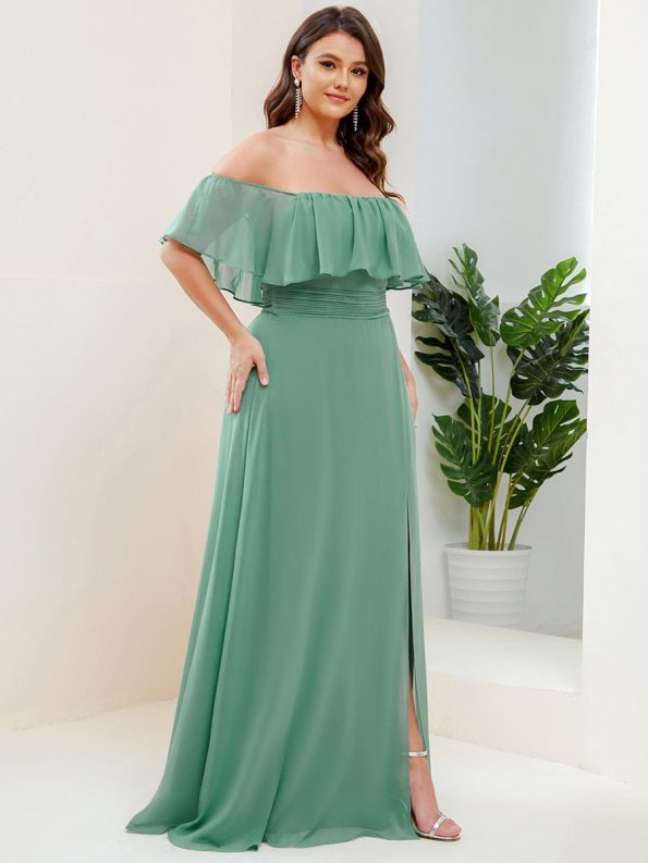 Plus Size Off the Shoulder Formal Bridesmaid Dress with Thigh Split - Green Bean