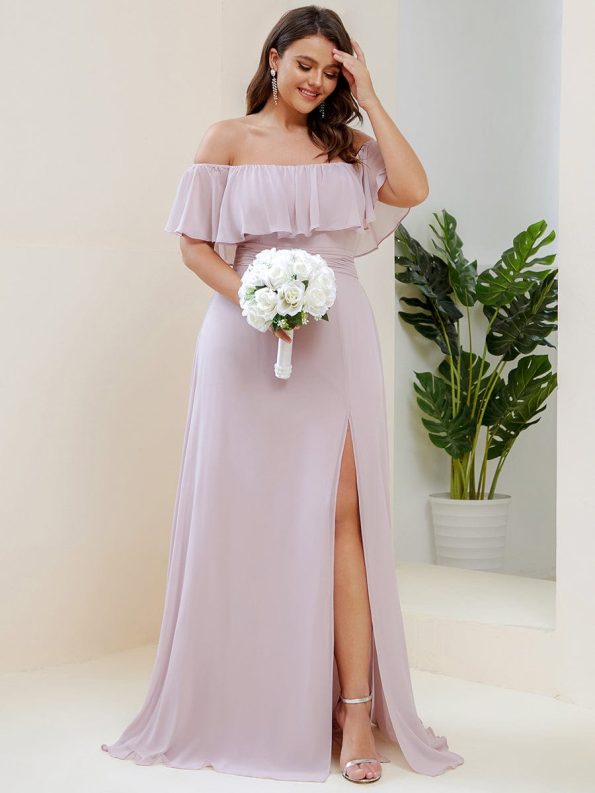 Plus Size Off the Shoulder Formal Bridesmaid Dress with Thigh Split - Lilac