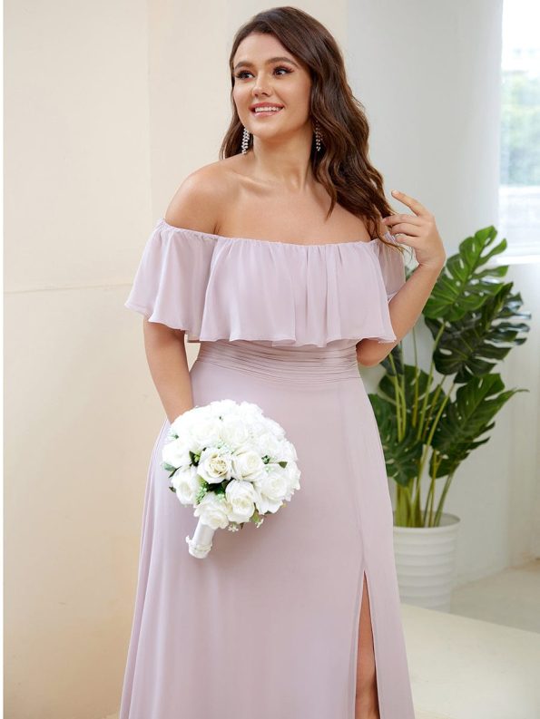 Plus Size Off the Shoulder Formal Bridesmaid Dress with Thigh Split - Lilac