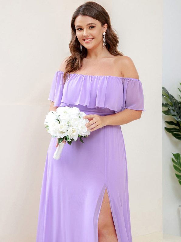 Plus Size Off the Shoulder Formal Bridesmaid Dress with Thigh Split - Lavender