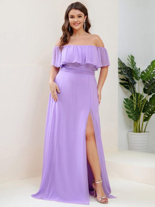 Plus Size Off the Shoulder Formal Bridesmaid Dress with Thigh Split - Lavender