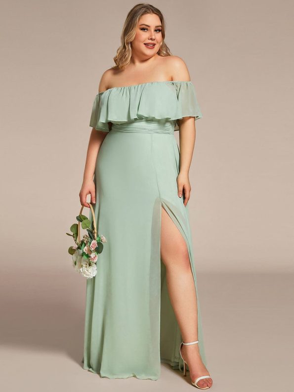 Plus Size Off the Shoulder Formal Bridesmaid Dress with Thigh Split - Mint Green