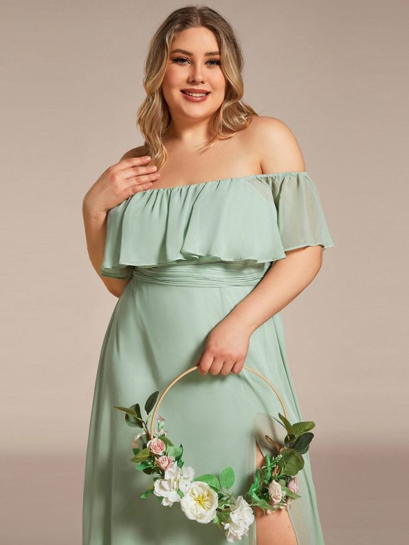 Women's Off Shoulder Ruffle Thigh Slit Bridesmaid Dresses - Mint Green