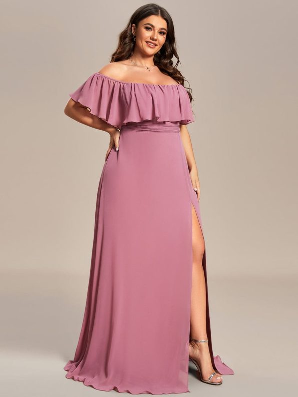 Plus Size Off the Shoulder Formal Bridesmaid Dress with Thigh Split - Purple Orchid