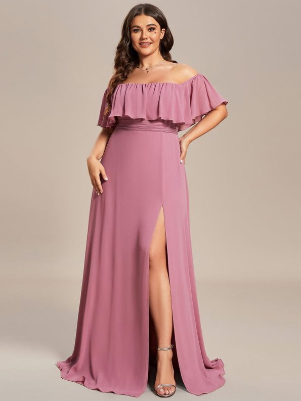 Plus Size Off the Shoulder Formal Bridesmaid Dress with Thigh Split - Purple Orchid