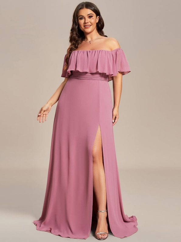 Plus Size Off the Shoulder Formal Bridesmaid Dress with Thigh Split - Purple Orchid