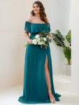 Plus Size Off the Shoulder Formal Bridesmaid Dress with Thigh Split – Teal