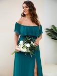 Plus Size Off the Shoulder Formal Bridesmaid Dress with Thigh Split – Teal