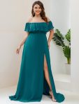 Women’s Off Shoulder Ruffle Thigh Slit Bridesmaid Dresses – Teal