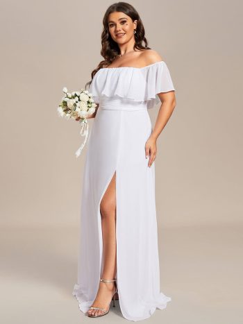 Plus Size Off the Shoulder Formal Bridesmaid Dress with Thigh Split - White