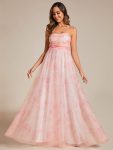 Floral Printed Empire Waist Strapless Formal Evening Dress with A-line – Pink