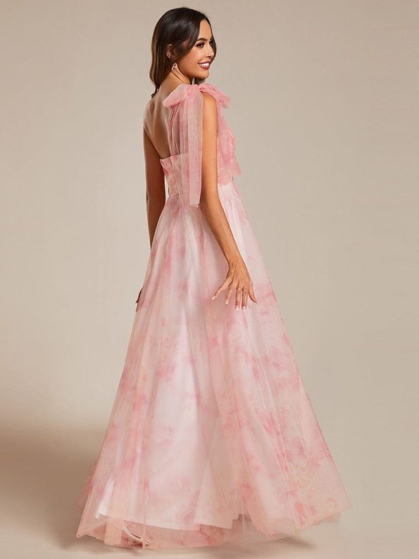 Floral Printed Empire Waist Strapless Formal Evening Dress with A-line - Pink